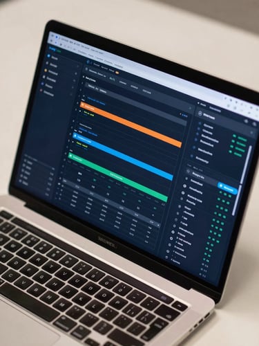 Close-up overhead view of a laptop screen displaying a live operations dashboard with workflow modules and data grids, clean desk surface, even studio lighting, deep navy interface tones