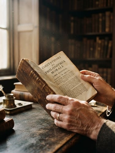 Manos sosteniendo un libro antiguo de filosofía en un escritorio de madera oscura, luz suave de ventana incidiendo sobre el papel texturizado, motas de polvo visibles en el aire, ambiente de biblioteca clásica.