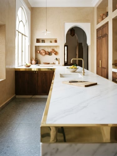 Low-angle architectural interior photography of a seamless white artificial marble counter in a modern Medina kitchen, bright natural daylight reflecting off the polished gold-accented edges, 35mm lens.