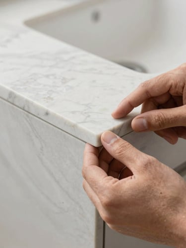 Macro shot of a craftsman's hands checking the seamless edge of a newly installed artificial marble counter, crisp workshop lighting.