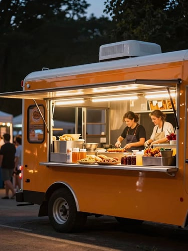 Modern street food truck or food stand at an outdoor festival at dusk, warm lighting, happy crowd in background