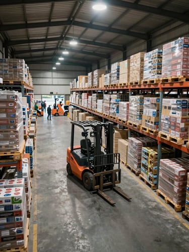 Wide shot of a large Indonesian distribution warehouse interior, bright overhead industrial lighting, rows of palletized commodity goods stretching to the far wall, forklift mid-aisle in motion, no people posing — scale and operational activity in focus