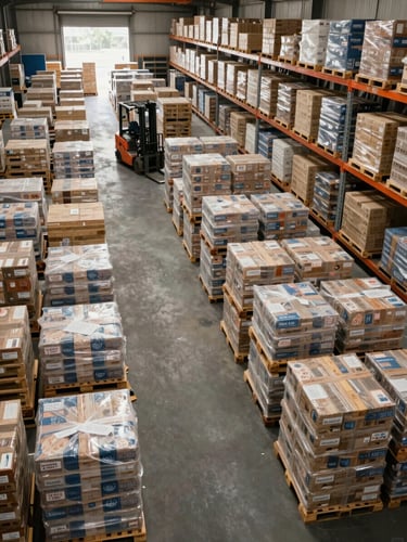Wide overhead shot of an organized large-scale warehouse interior, rows of palletized bulk commodity goods in daylight, high ceiling, wide aisle, forklift visible mid-aisle, no workers posing
