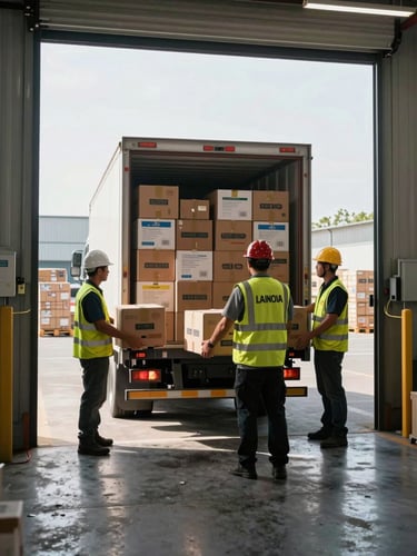 Wide shot of a loading dock with workers in safety vests loading labeled commodity boxes onto a distribution truck, bright daylight flooding through open warehouse doors, organized pallets in background