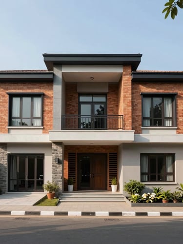 A sharp frontal shot of a modern architectural home in Lalitpur with clean brickwork and stone accents, bright natural daylight, 16-foot wide access road visible in the foreground