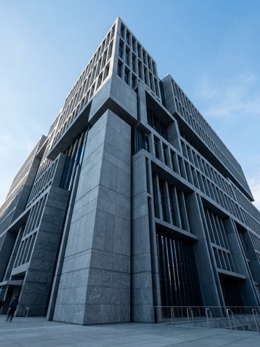 Architectural low-angle shot of a modern federal building facade, sharp geometric lines, cool slate gray concrete, crisp daylight.