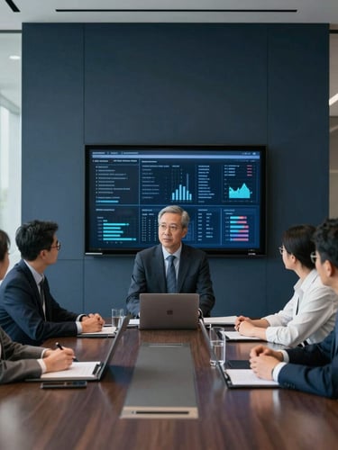 A collaborative executive strategy session in a high-end boardroom, sharp daylight, professional architectural depth, focused professionals looking at structured data displays.
