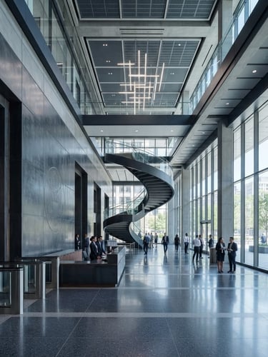 Wide environmental shot of a modern architectural federal office lobby, cool crisp daylight, deep slate tones, sharp focus, architectural depth.