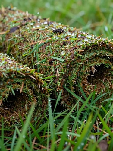 Low-angle close-up of freshly cut turf rolls showing moist, rich brown soil backing and vibrant green grass blades, morning dew visible.