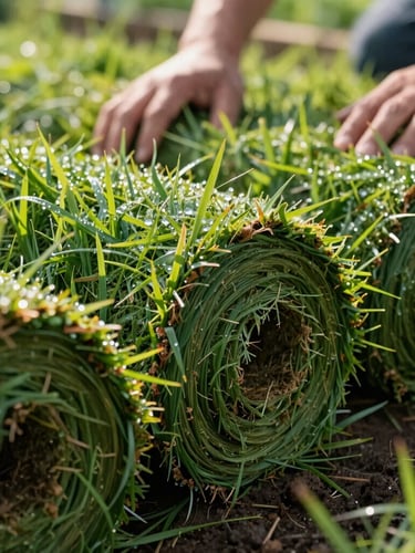 Low-angle close-up of freshly cut natural grass turf rolls showing moist soil backing, bright morning sunlight highlighting dew on the green blades, hands-on agricultural setting.