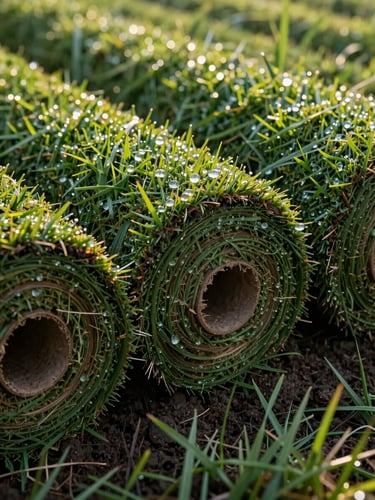 Low-angle close-up of freshly cut natural turf rolls showing moist dark soil backing, warm morning sunlight highlighting dew drops on green grass blades.