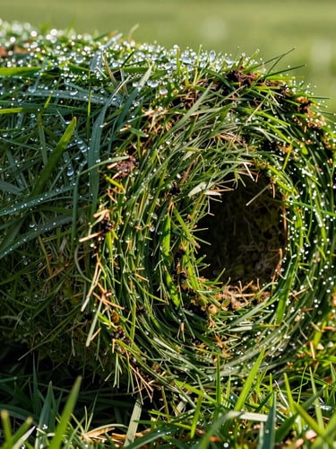 Low-angle close-up of a freshly cut natural grass turf roll showing moist dark soil backing, vibrant green grass blades, morning dew, warm sunlight.