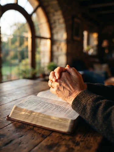 Warm golden-hour light streaming through an arched window, hands gently folded in prayer over an open scripture on a wooden table, soft focus background