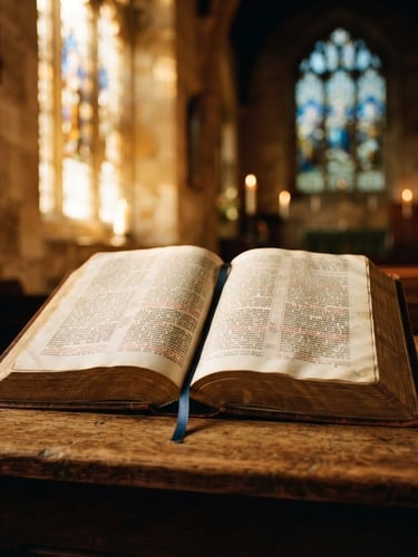 A close-up of open scriptures on a wooden table, warm golden sunlight streaming through a church window, soft focus background, editorial photography