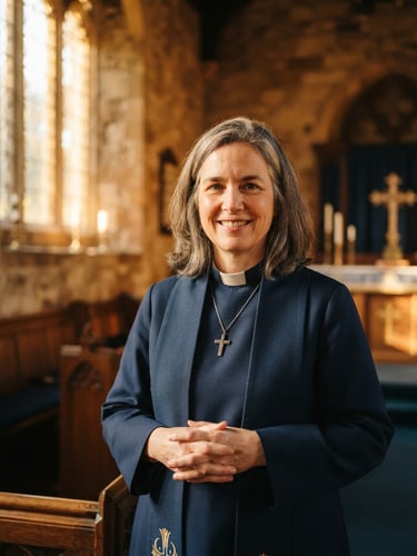 A warm medium close-up of our Pastor looking welcomingly at the camera, hands gently folded, soft golden window light in a peaceful sanctuary background