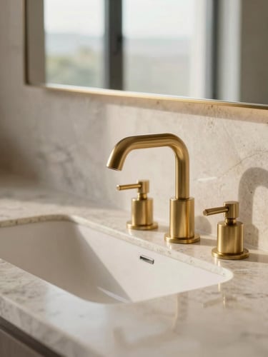 Close-up detail of high-end apartment interiors, focusing on premium natural stone countertops and brushed brass fixtures, bathed in soft morning light coming through a large window, emphasizing clean lines and luxurious textures.