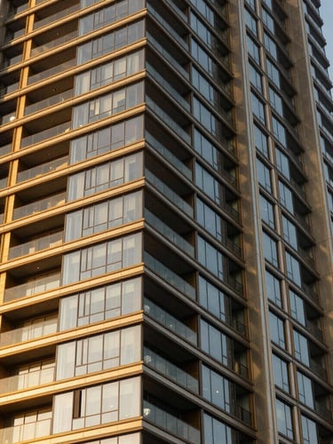Sleek modern architectural facade of a luxury high-rise apartment building in São Paulo, warm golden hour lighting reflecting off premium glass and metallic gold accents, tight environmental crop.