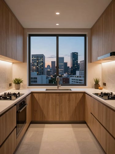 Interior view of a sleek, modern studio apartment designed for efficiency, featuring minimalist wooden cabinetry, integrated lighting, and a wide window showcasing the Pinheiros skyline at dusk.