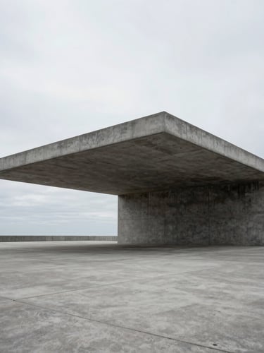 Extreme wide-angle shot of a monolithic concrete pavilion under an overcast sky, clean horizon, deep controlled shadows, architectural minimalism.
