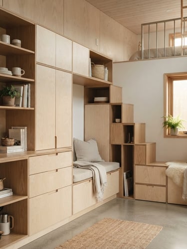 Wide architectural crop of a modern tiny home interior, focus on clever built-in storage and natural wood finishes, soft morning light streaming through a small window.