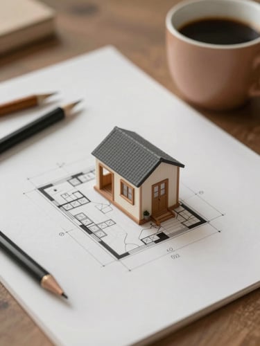 Close-up of a tiny home floor plan sketched on drafting paper, with architectural tools and a warm cup of coffee nearby, soft diffused daylight.