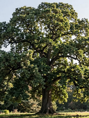 Low-angle dynamic shot of a massive historic oak tree with morning sunlight filtering through its dense green canopy, sharp focus, 35mm lens