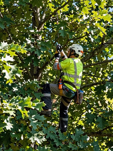 Certified arborist in clean safety gear climbing a mature green oak canopy, natural morning sunlight filtering through leaves, crisp editorial outdoor photography, 35mm lens
