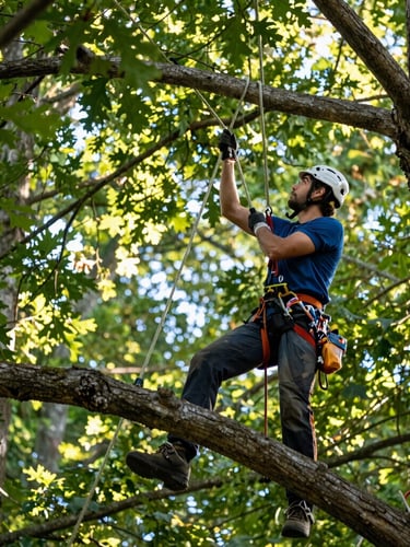 Low-angle portrait of an ISA-certified arborist in clean safety gear securing a heavy oak limb with high-strength rigging ropes, natural morning sunlight filtering through mature green canopy, sharp focus, 35mm lens