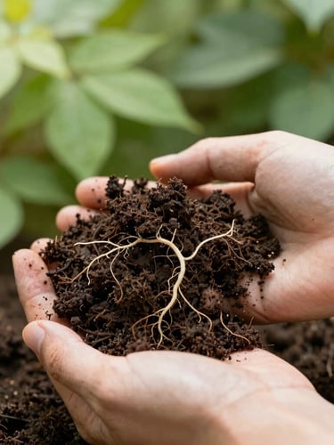 Close-up of rich dark soil teeming with organic matter, hands holding a soil sample with fine white root systems visible, soft morning light