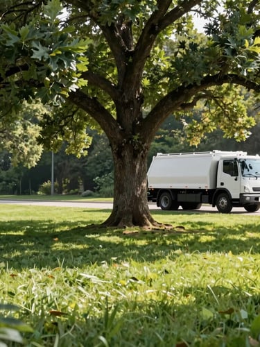 A pristine lawn with a mature oak tree in morning light, clean modern tree care truck parked in the background, no debris