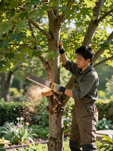 A certified arborist high in a mature maple tree, executing a clean precision cut with a hand saw, sawdust catching morning light, pristine garden below