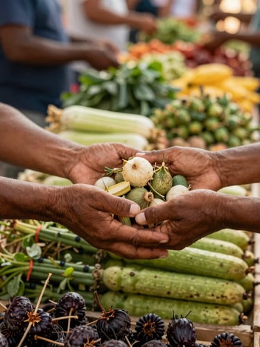 An authentic close-up of hands exchanging local agricultural products at a vibrant market in northern Brazil, warm natural daylight, rich documentary style