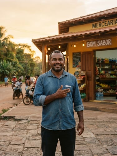 Medium wide documentary shot of a local entrepreneur standing proudly in front of his newly built store in Porto Velho, warm golden hour sunlight, authentic Amazonian setting, high-trust atmosphere.