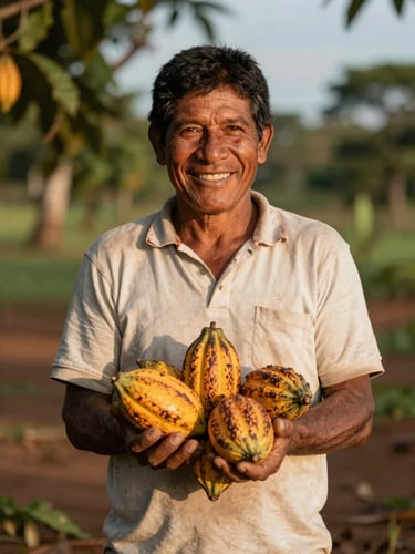 Warm editorial photography of a local cocoa farmer in Rondônia smiling under natural golden-hour daylight, holding harvested pods, authentic regional documentary style