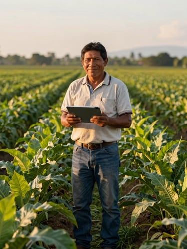 A local Amazonian farmer standing proudly in a vibrant green crop field during golden hour, holding a tablet, smiling, warm natural daylight.