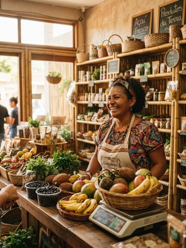 Warm editorial photography of a local Amazonian entrepreneur smiling in her bright, daylight-filled grocery shop, professional regional documentary style