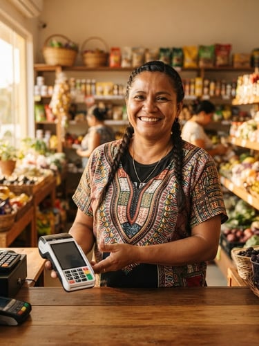 A local Amazonian business owner smiling in her bright, sunlit grocery store, holding a modern card terminal, warm golden-hour lighting, professional documentary style