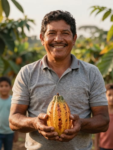 Medium environmental portrait of a smiling Brazilian family farmer in a sunny Amazonian cocoa plantation, holding a fresh organic cocoa pod, warm golden-hour daylight, professional regional documentary style