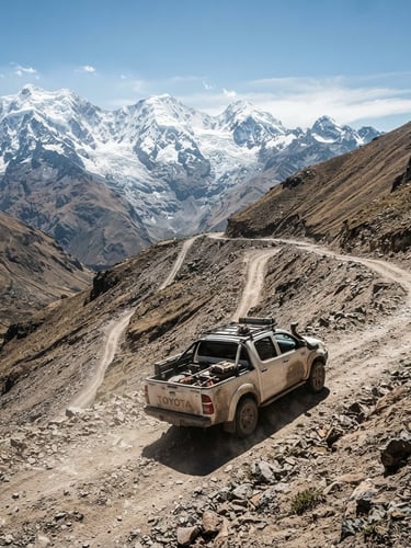 Wide-angle industrial photography of a dusty Toyota Hilux 4x4 navigating a steep Andean mountain pass under harsh daylight, massive snow-capped peaks in the background.