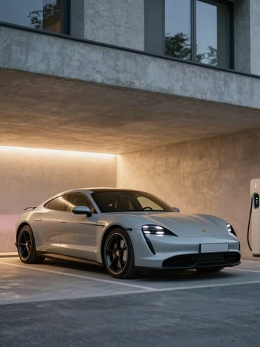 Wide architectural shot of a sleek Porsche Taycan charging in a modern, clean condominium garage with minimalist concrete pillars and warm ambient lighting, glowing charger indicator visible.