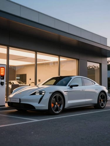 Wide panoramic shot of a sleek Porsche Taycan charging at a modern, high-end commercial storefront at dusk, glowing orange LED indicators on the charging station, clean architectural lines.