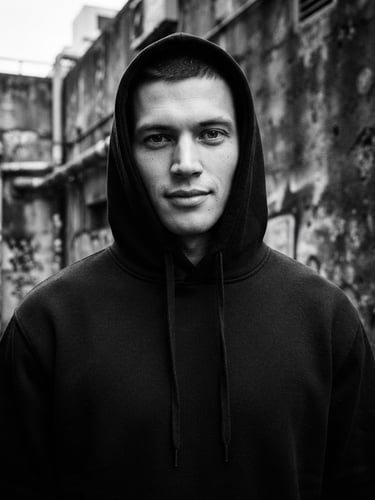 Medium-close crop of a model wearing a heavy black cotton hoodie, concrete urban background, high-contrast overcast light, sharp focus