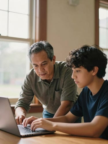 Candid portrait of a mentor guiding a student over a laptop in a sunlit College Park room, warm natural window light, 35mm.