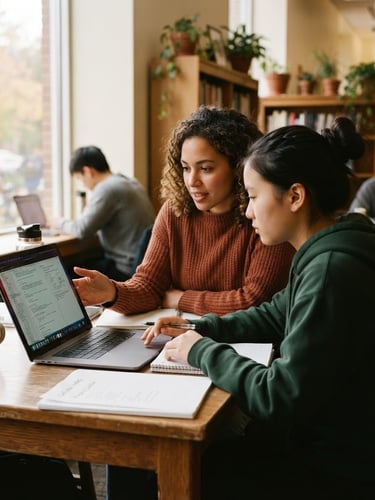 Candid medium shot of a mentor guiding a high school student over a laptop in a sunlit room, warm natural window light, rich organic tones, focused and supportive atmosphere, 35mm photography