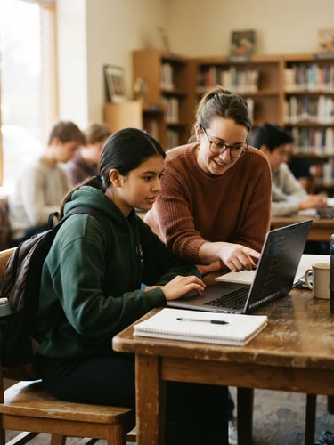 Candid medium shot of a mentor guiding a high school student over a laptop, warm natural window light, supportive and focused environment, 35mm photography