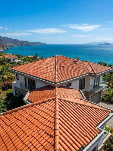 Wide panoramic shot of a newly finished, clean, and robust roof in Isla Margarita, Venezuela, with a clear blue sky and ocean in the background. Bright tropical daylight, crisp saturated colors, architectural lens.