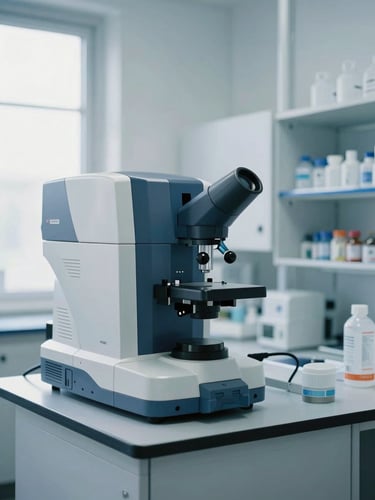 A modern clinical laboratory with high-precision diagnostic equipment, bright natural daylight mixed with cool-toned clinical lighting, 35mm