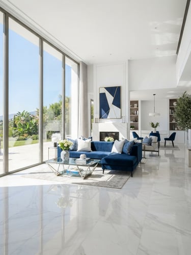 Bright sunlit interior of a modern living room, gleaming marble floor, crisp natural daylight, clean white and deep blue tones, architectural lens