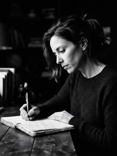 Stark monochrome studio portrait of a female writer looking down thoughtfully, high-contrast dramatic side lighting, deep black shadows and crisp white highlights, 35mm photography