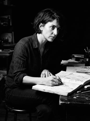Stark monochrome portrait of a female writer and illustrator with short dark hair, high-contrast dramatic studio lighting, deep blacks and crisp whites, sharp focus, 35mm